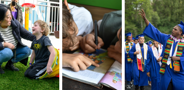 Photos of children in learning and high schoolers graduating