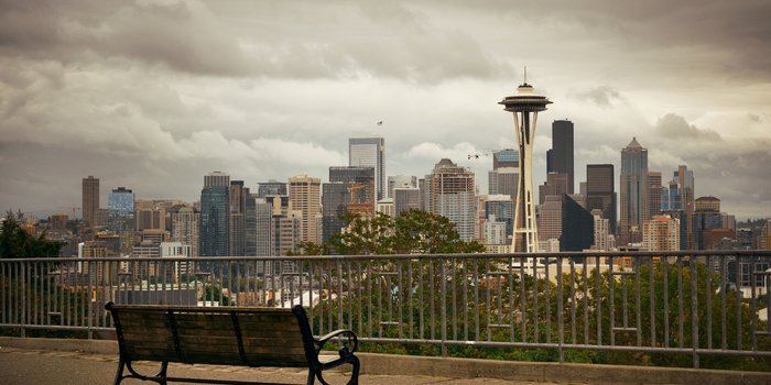 Park bench in the foreground overlooking the Seattle city skyline