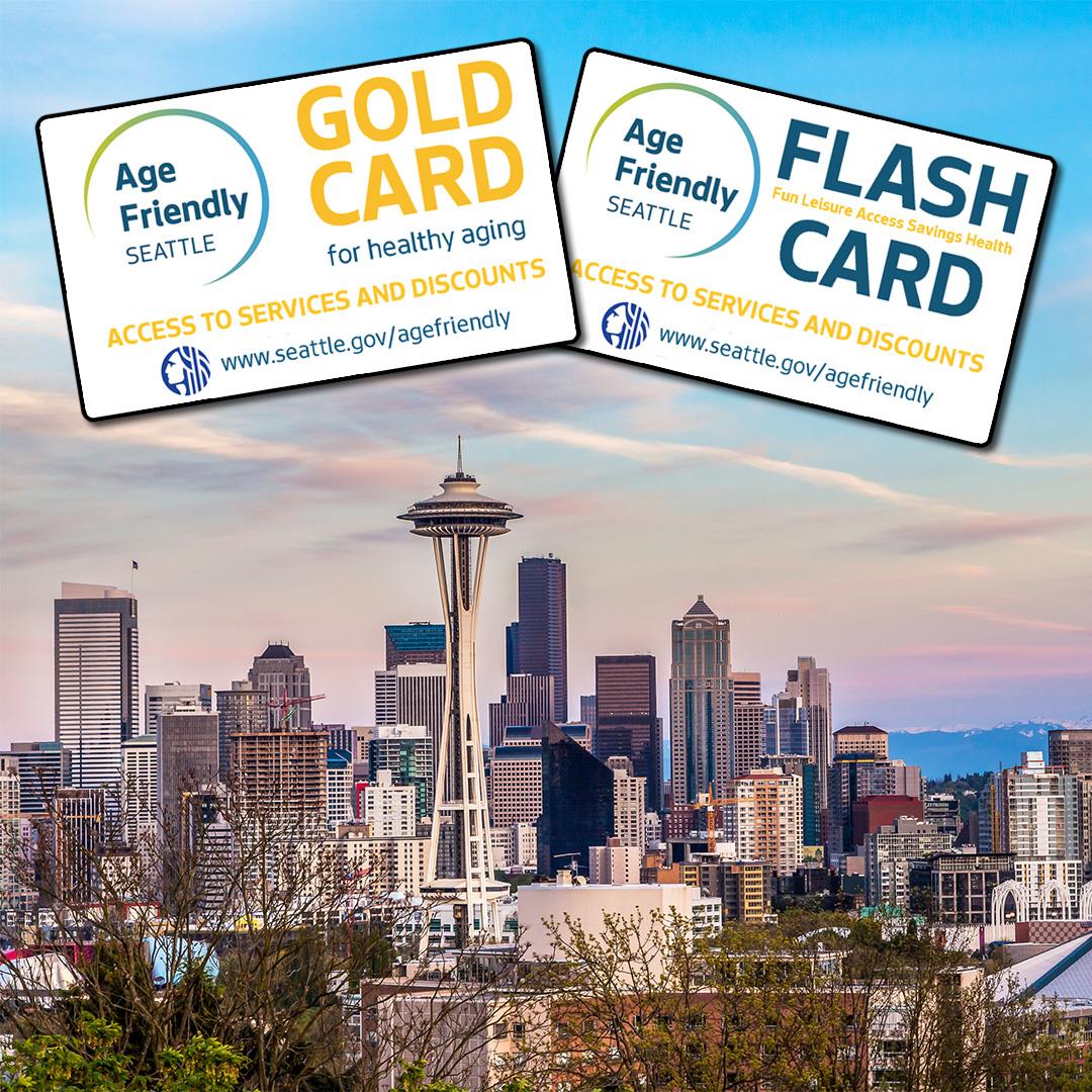 Gold and FLASH Cards pictured over the Seattle skyline