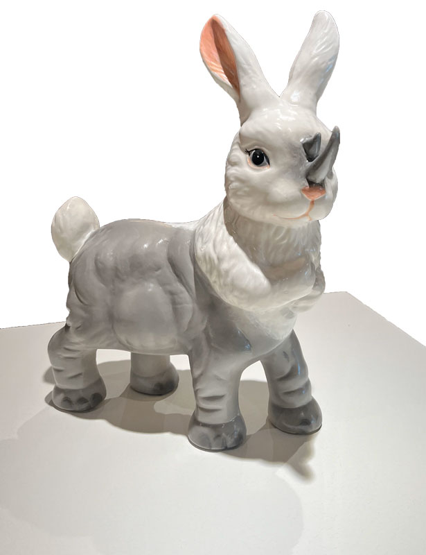 Ceramic chimera that's part fuzzy bunny, part rhinocerous