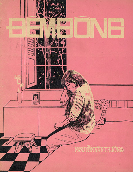 Pink sheet music cover with an illustration of a woman sitting on her bed, missing her man.