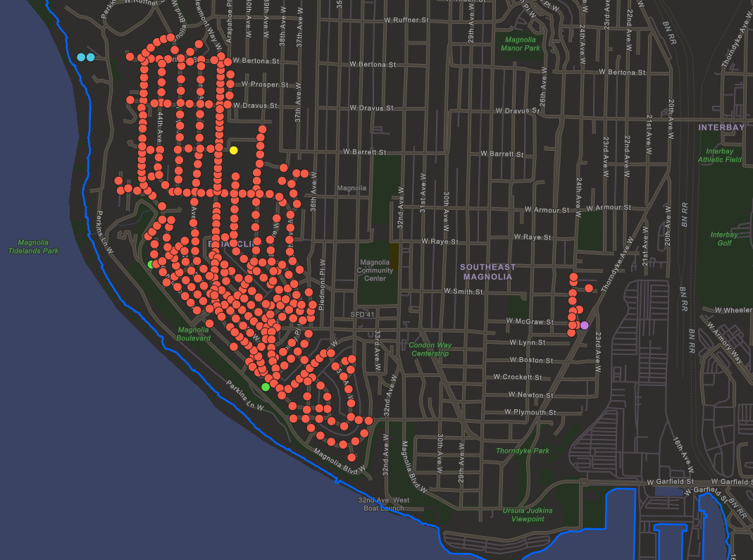 Map of streetlights being replaced in the Magnolia neighborhood. Each dot is one streetlight.