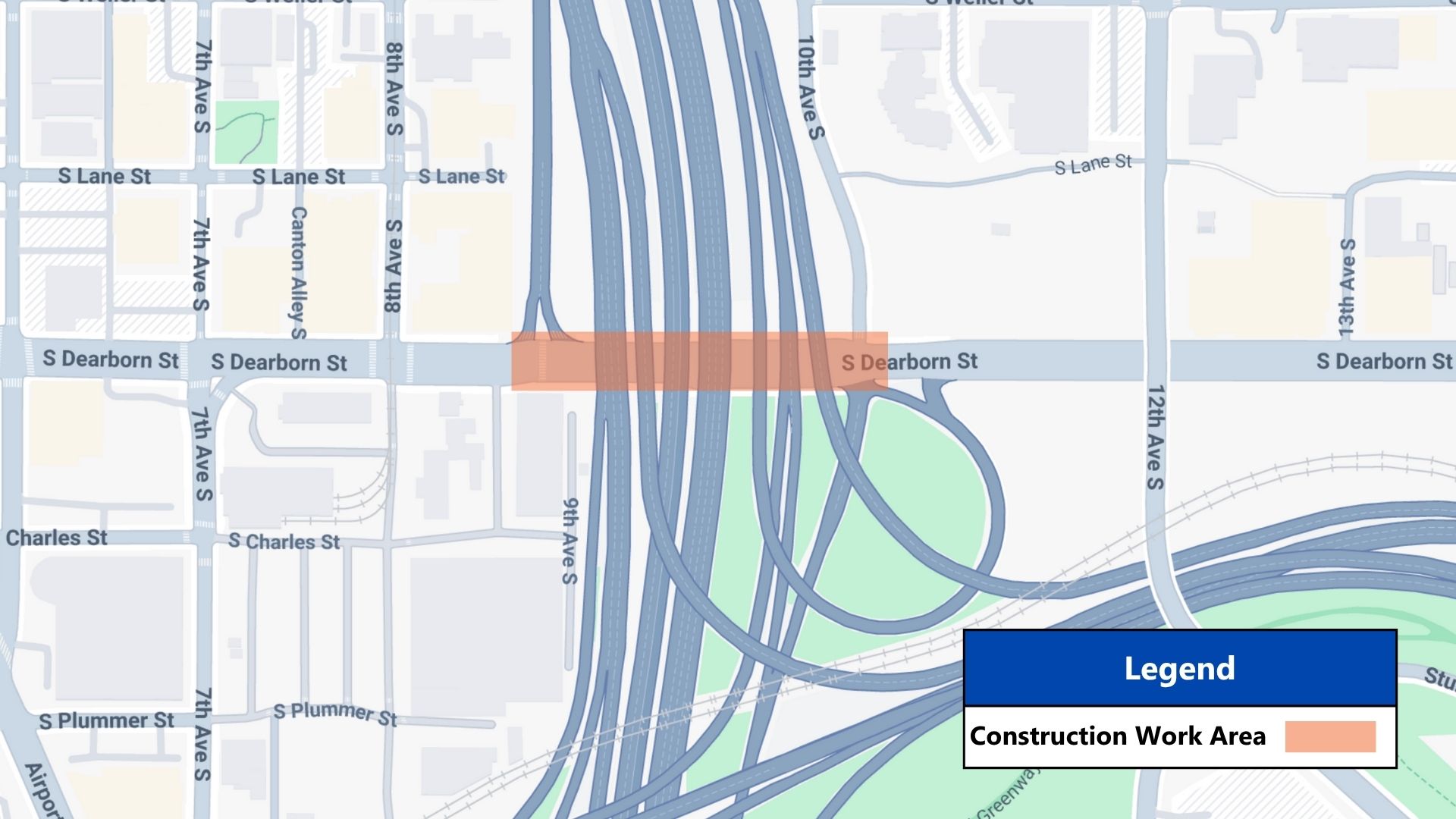 South Dearborn Street and I-5 Map of Streetlight Repair Project