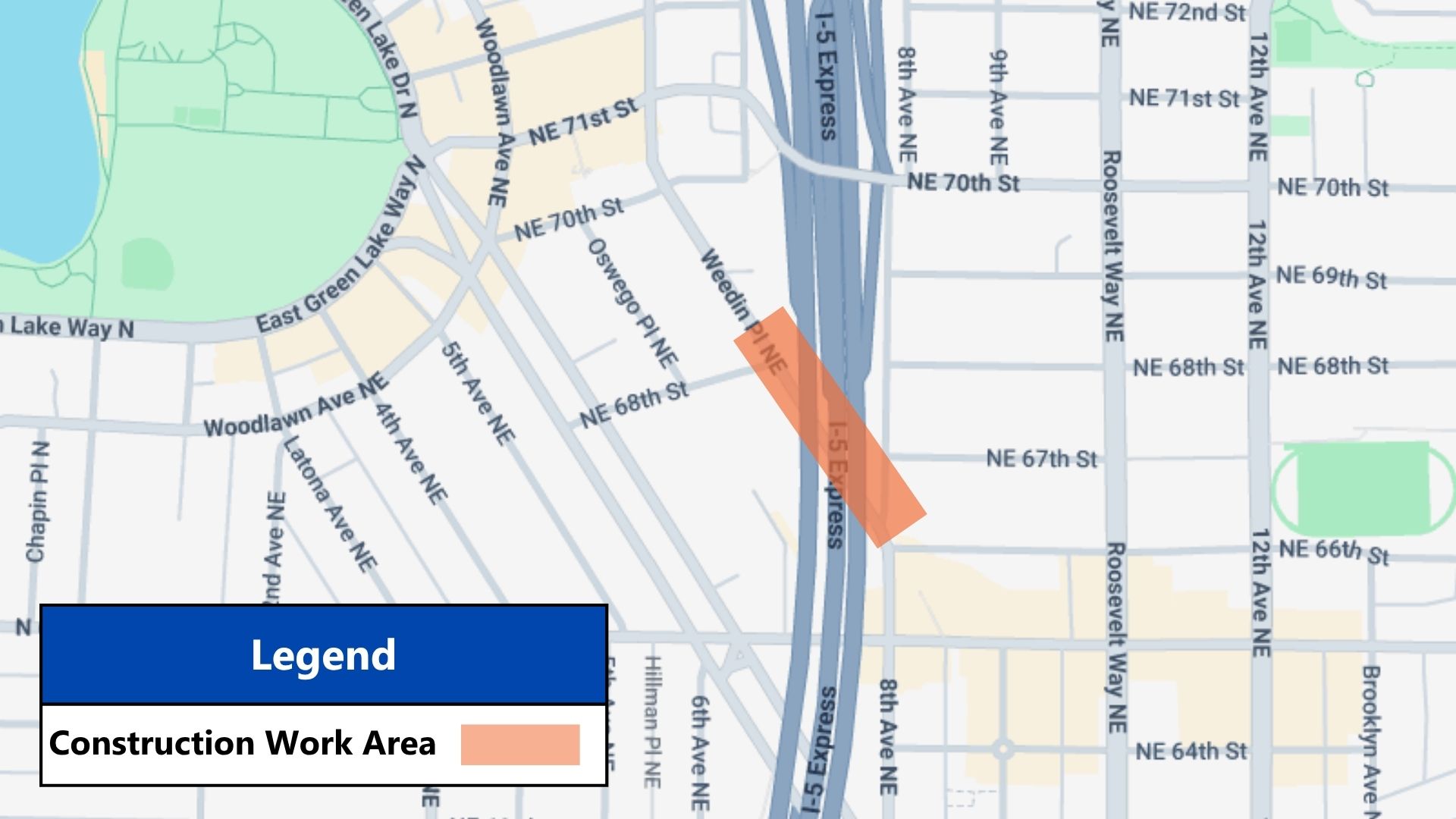 Map of construction work area on Weedin Place below Interstate 5.