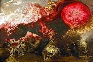 An artwork showing a large red circle in the upper right corner, white in the upper left corner, and shades of brown in the bottom half