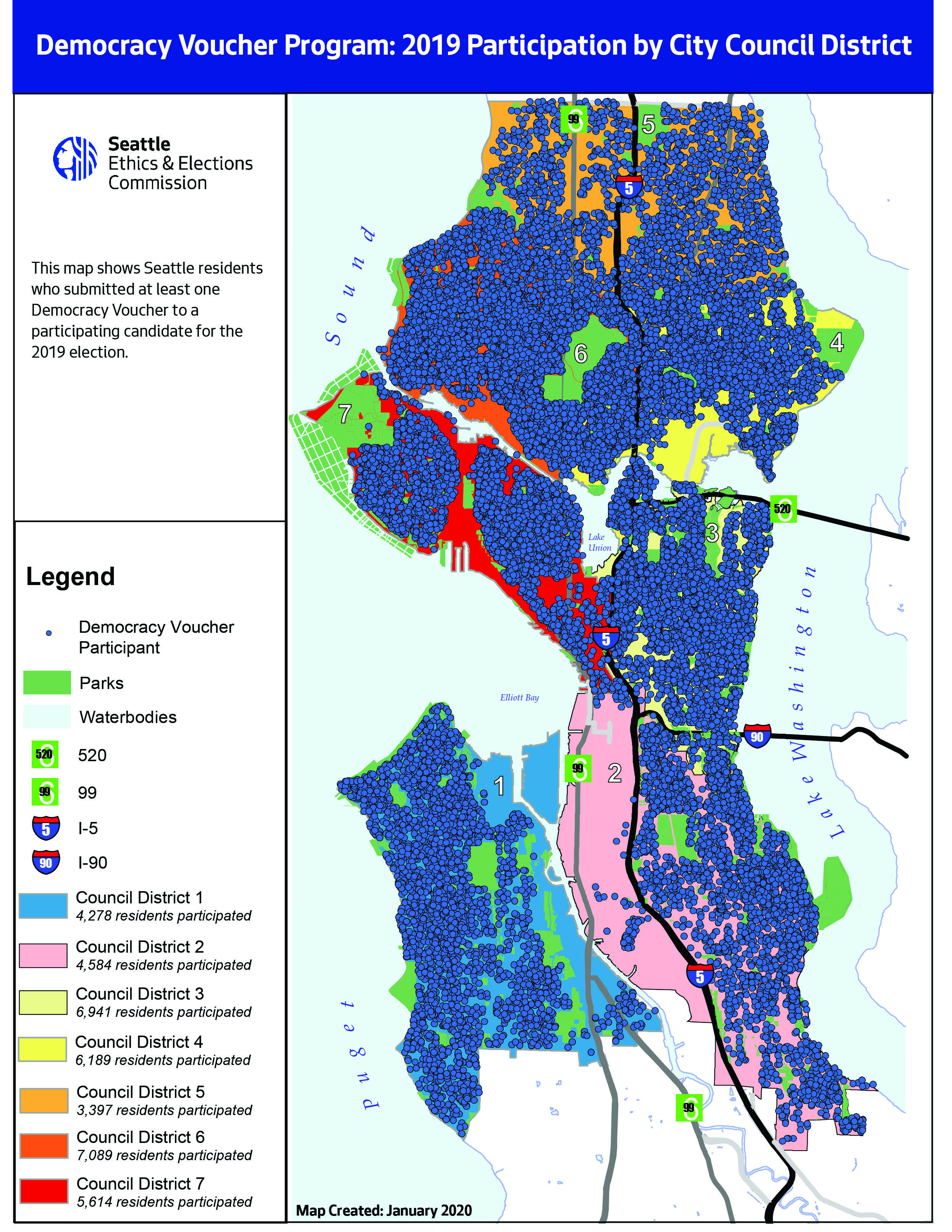 Map of Seattle showing 2019 Democracy Voucher Program participation by city council district. Blue dots indicate voucher participants; council districts are outlined and numbered with participation rates.