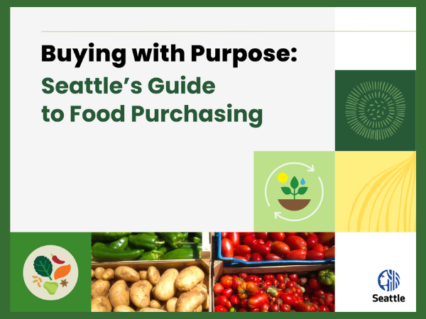 Cover of report that reads "Buying with Purpose: Seattle's guide to food purchasing"
