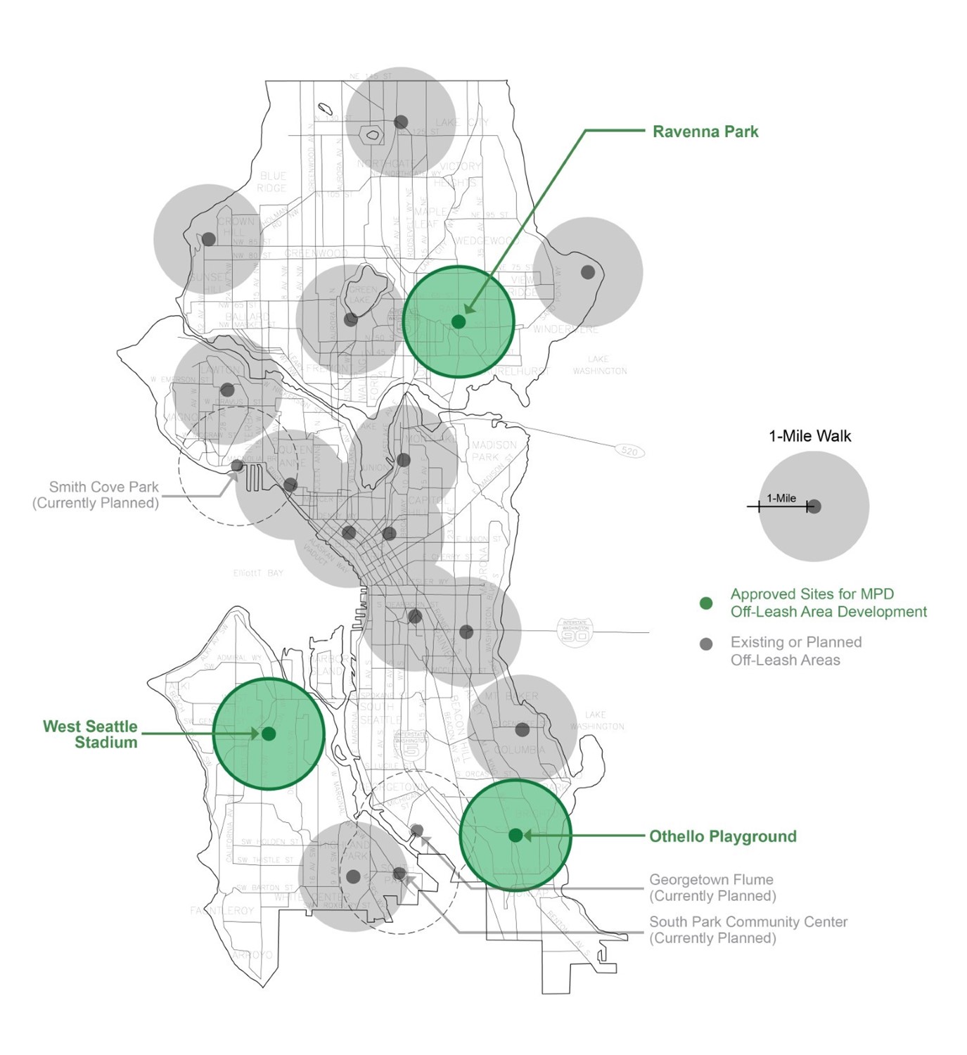 Map of existing Off Leash Areas shown in gray circles, with approved new areas in green circles. For help with this map please call <a href=