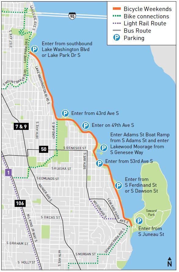 Map of Bicycle Weekends 2025.  Lake Washingon Boulevard is closed from Lake Park Dr. S to Seward Park Ave S.  Parking is shown at Colman Park, Mount Baker Park Beach, Stan Sayres Memorial Park, Adams St. Boat Launch, Ferdinand St. Boat Launch, and Seward Park.  Nearby bus routes shown include the 7, 9, and 50.  Route 50 comes closest to Lake Washington Boulevard. 