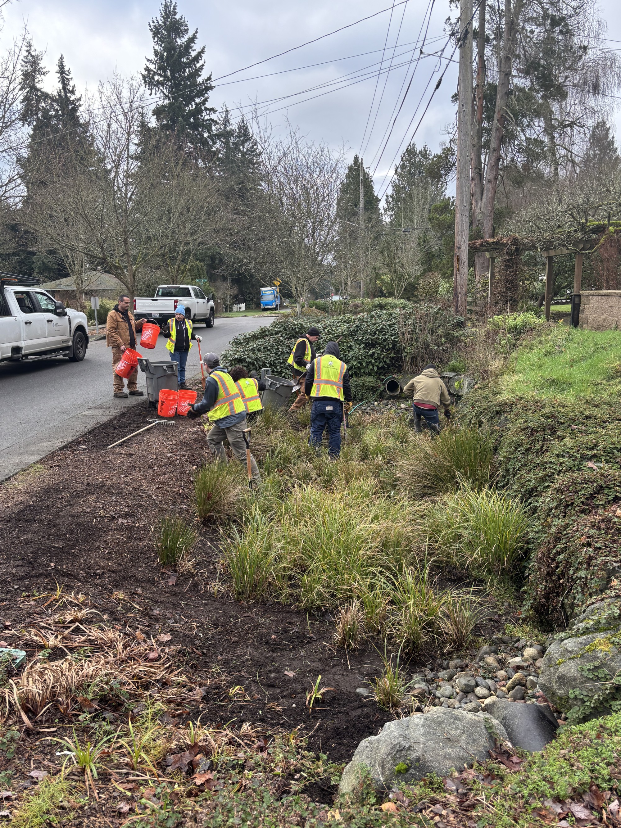 A Seattle Conservation Corps crew performs landscaping in a ditch in front of a residential property.