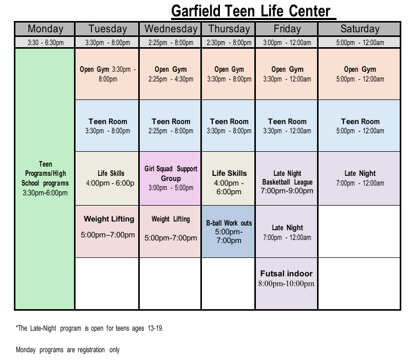 Garfield TLC schedule  Click or tap to open a printable version of the schedule in a new frame.