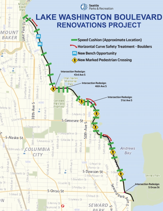 A map of the Lake Washington Boulevard Renovations Project and the planned improvements for Lake WA Blvd from Mount Baker Beach to Seward Park.