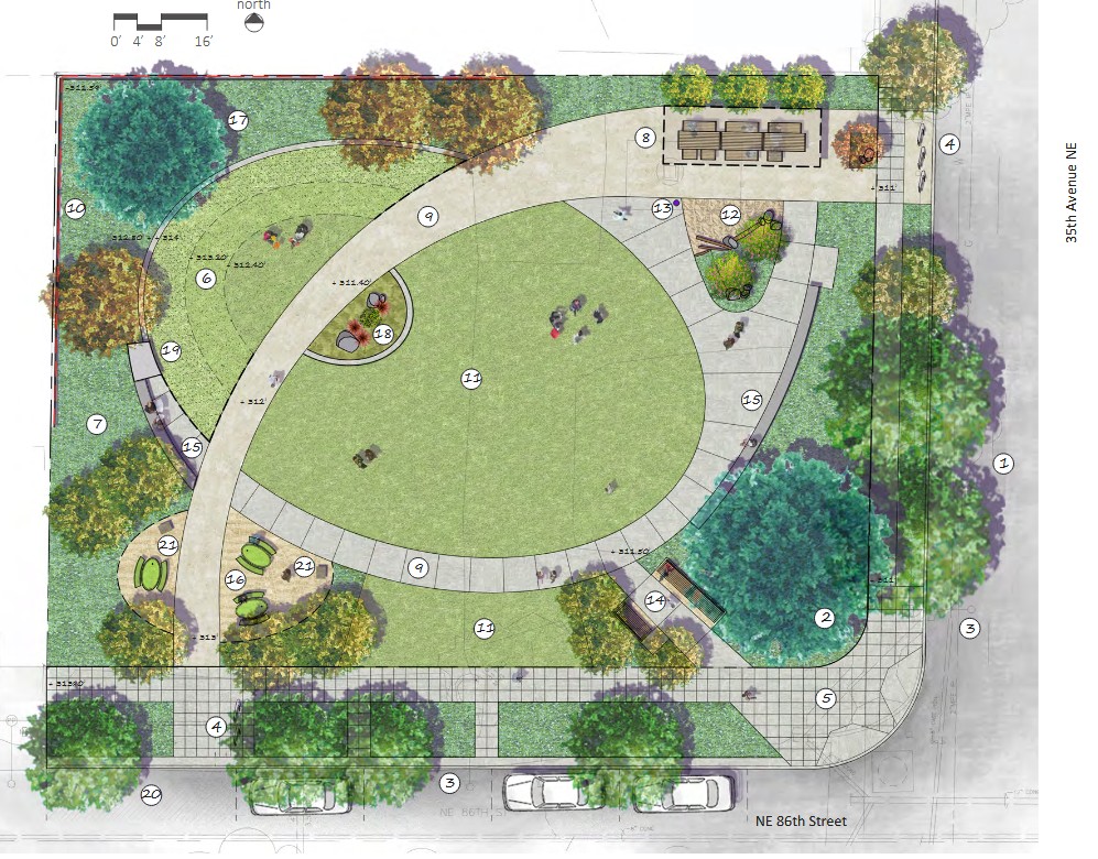 Illustrated site plan of a Wedgewood park with a central open lawn, curving paths, seating areas, picnic tables, and surrounding trees.