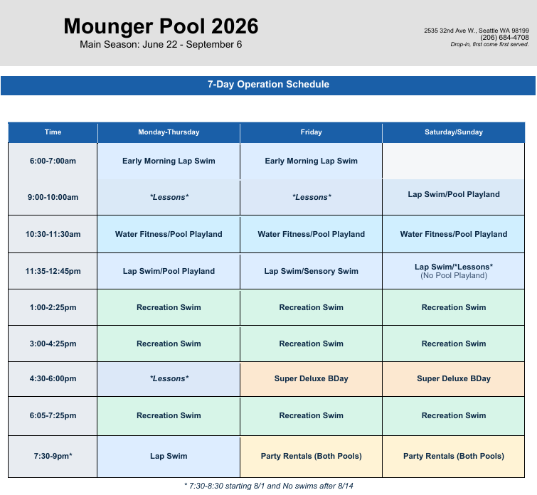 Mounger Pool Main Season schedule. Click or tap to open in PDF format.