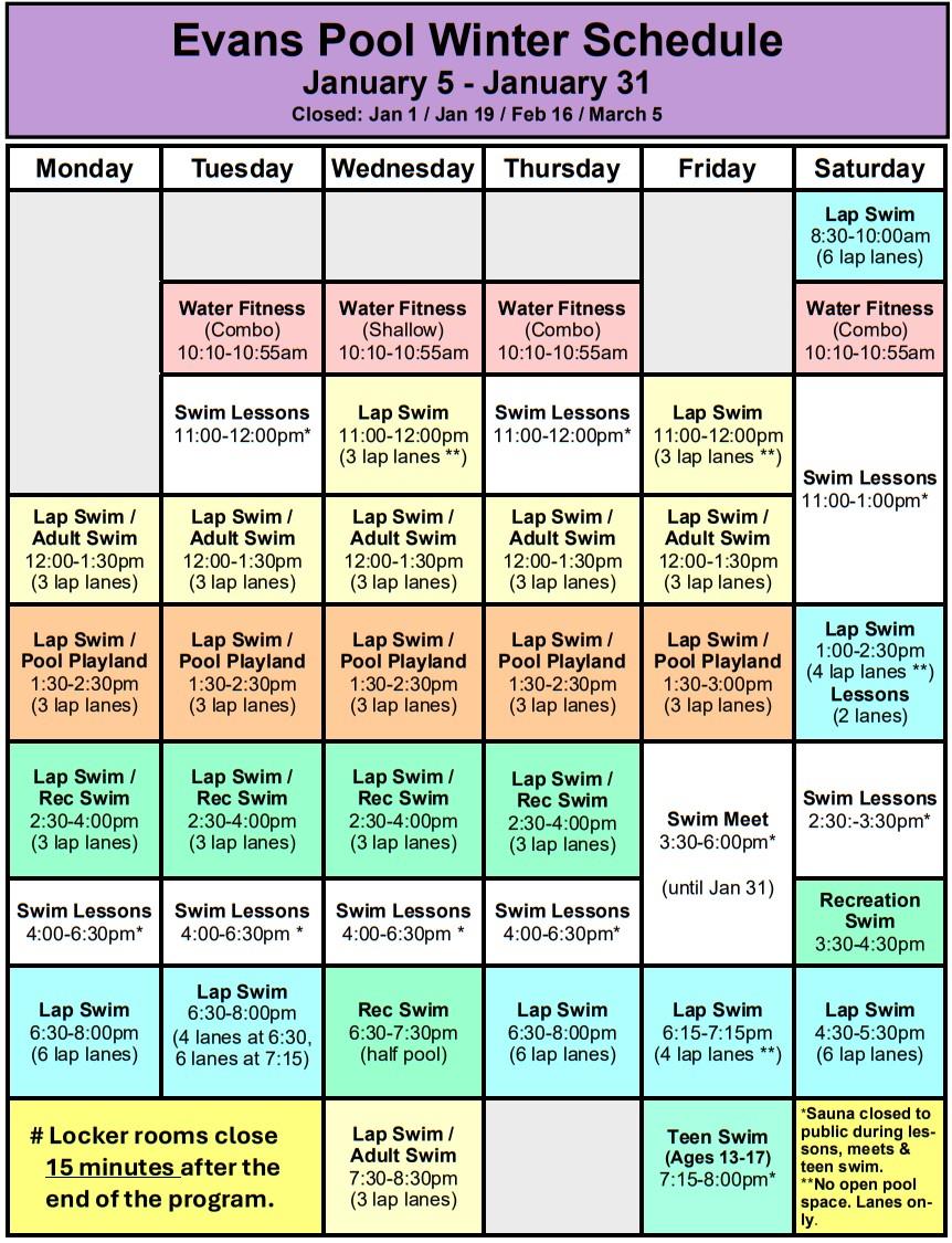 Evans Pool schedule for January 2026. Click or tap to open an ADA compliant printable version in a new window.