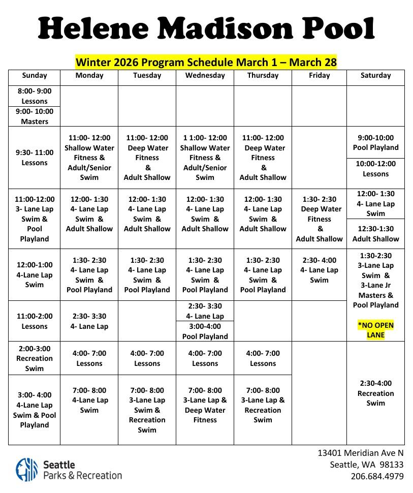 Madison Pool schedule, March 1-28, 2026. Click or tap to open an ADA-accessible, printable version in a new window.