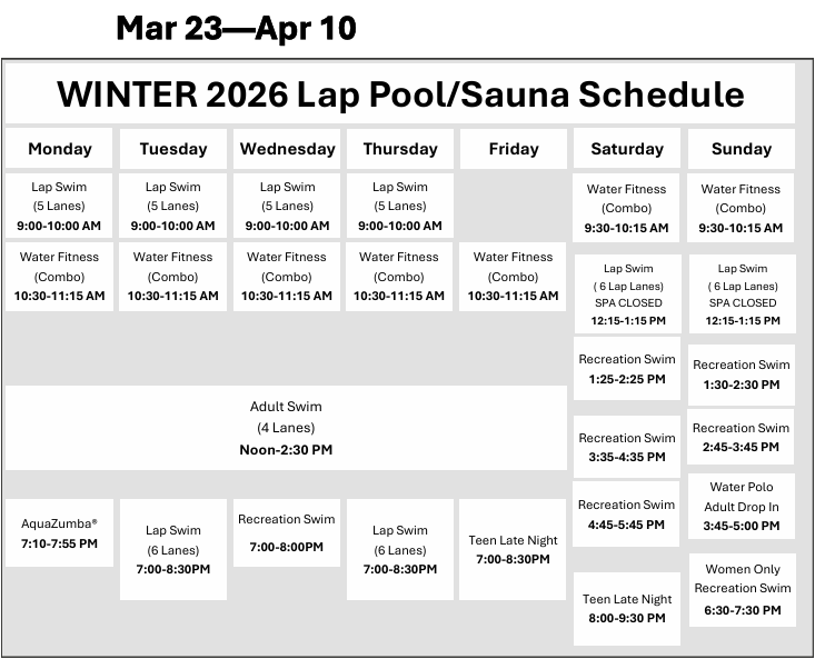 Rainier Beach, Lap Pool schedule. Click or tap to open a printable, ADA-accessible PDF in a new window. Scroll down for a text copy.