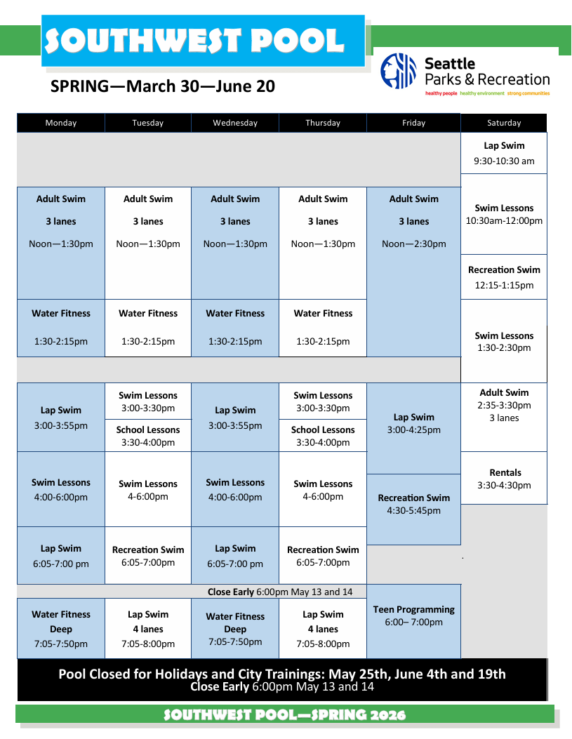 Click or tap to open the Southwest Pool schedule for Spring 2026 in a new frame.