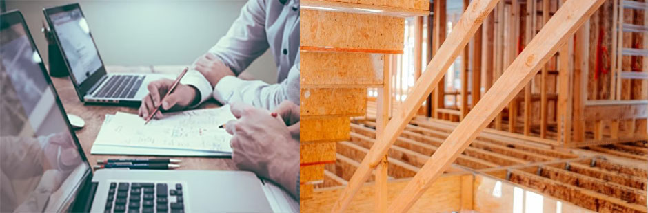 Close up of people reviewing some documents and an unfinished building frame.