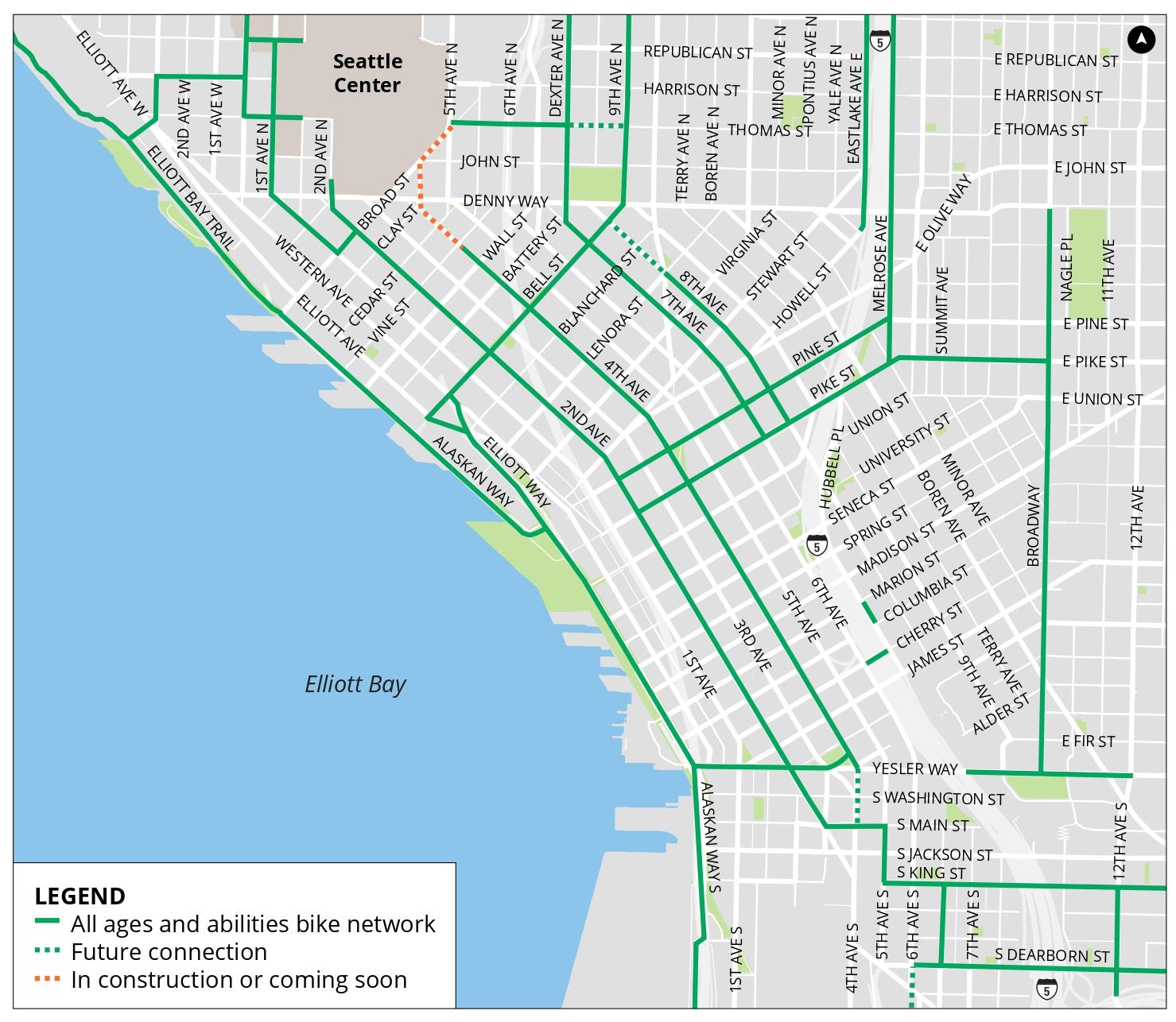 A map showing competed bike routes in downtown Seattle.