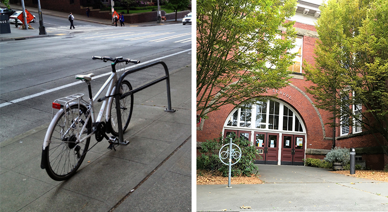 A wider rack on a city street and a circular bike rack at B.F. Day School. 