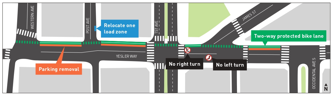 Zoomed-in map showing parking changes and turning restrictions.