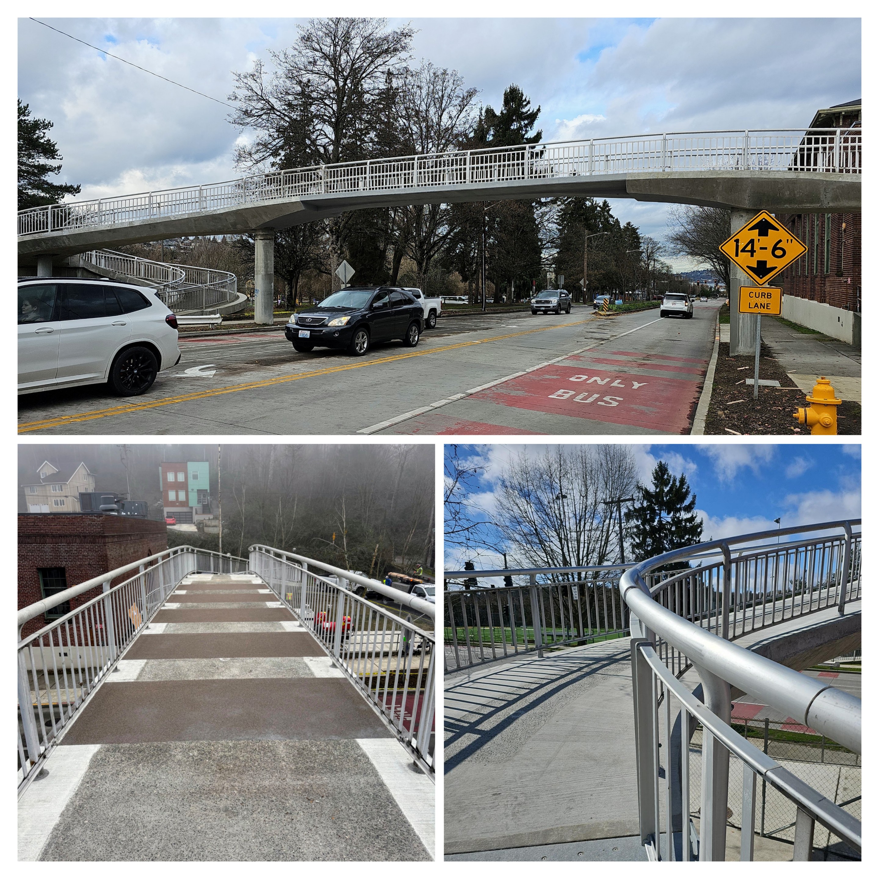 The top image shows the Delridge Pedestrian Bridge spanning over Delridge Way SW, with cars and a red bus-only lane underneath. The bottom left image shows a straight view across the bridge walkway with new textured surfacing and white edge markings. The bottom right image shows the curved ramp leading up to the bridge, surrounded by trees and blue sky.