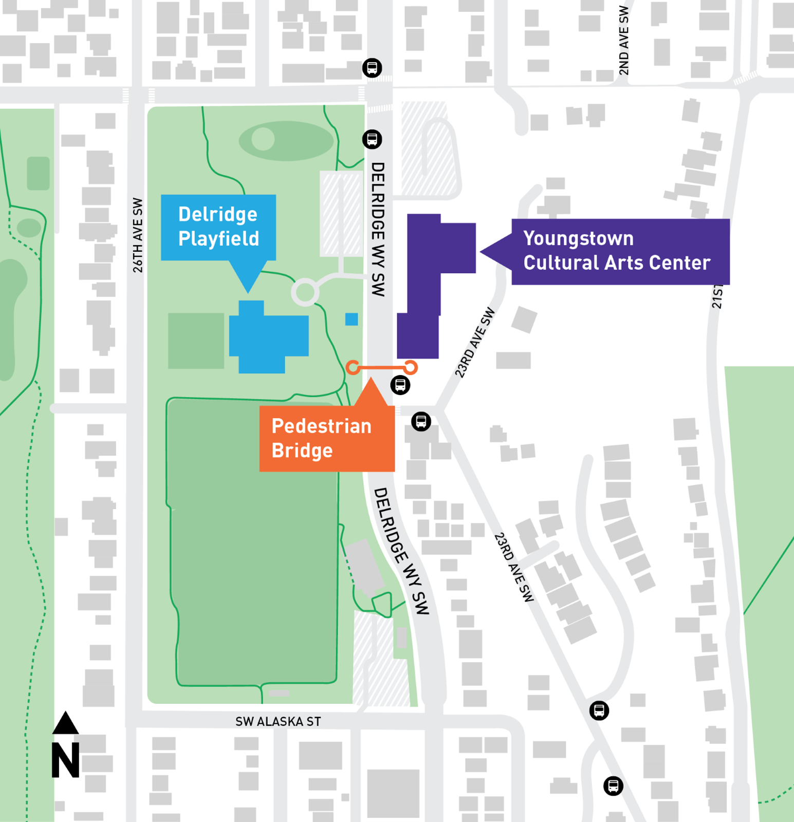 A map showing the location of the Delridge Pedestrian Bridge, Delridge Playfield, and Youngstown Cultural Arts Center. The pedestrian bridge is marked in orange, with nearby bus stops and streets labeled for reference.