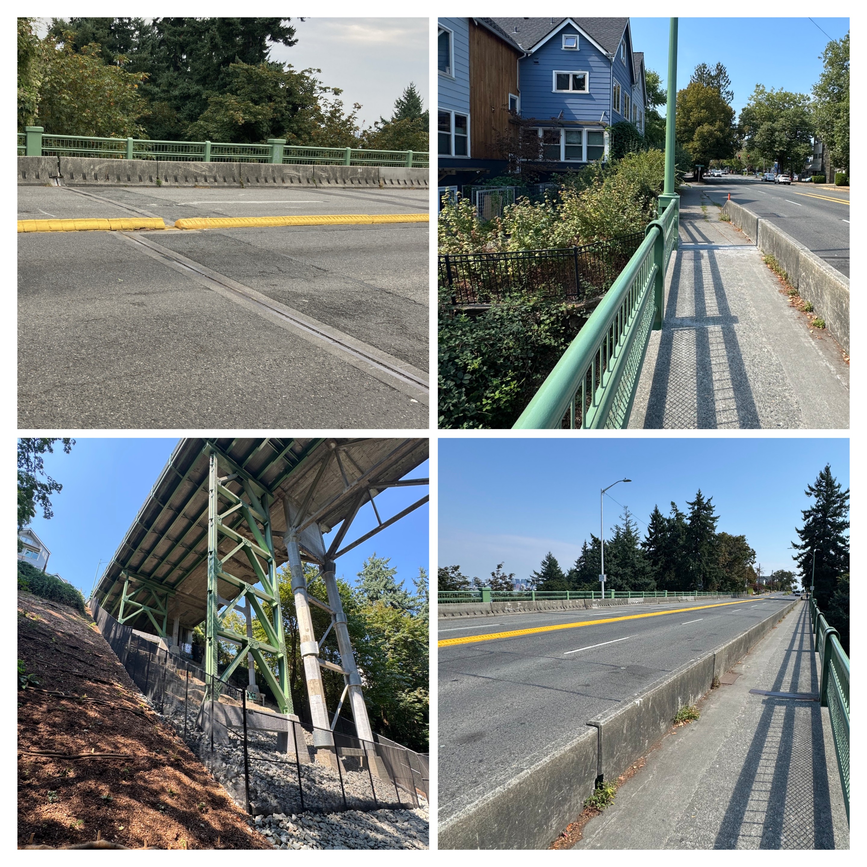 Four views of the Admiral Way Bridge. Top left: a close-up of the roadway with expansion joint and green railing. Top right: the sidewalk and railing along the bridge next to nearby houses. Bottom left: the underside of the bridge showing steel supports on a steep slope. Bottom right: a long view of the bridge deck with two travel lanes and a sidewalk.