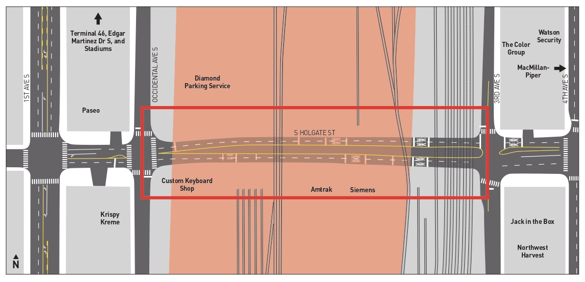 Enlarged study area map showing the S Holgate St at-grade crossing, as well as existing businesses, streets, and railroad lines. 