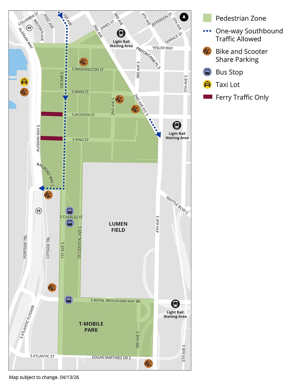A map of the Pioneer Square Pedestrian Zones