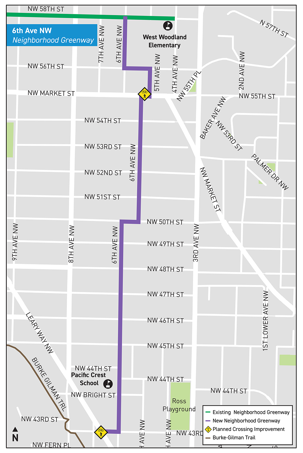 Map of the Greenway along 6th Avenue NW from NW 58th St to NW 43rd St