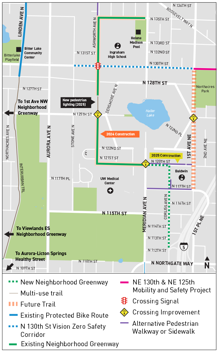 A map showing the Greenway route from Northgate Elementary School and Ingraham High School along Corliss Ave N to N 120th St to Ashworth Ave N