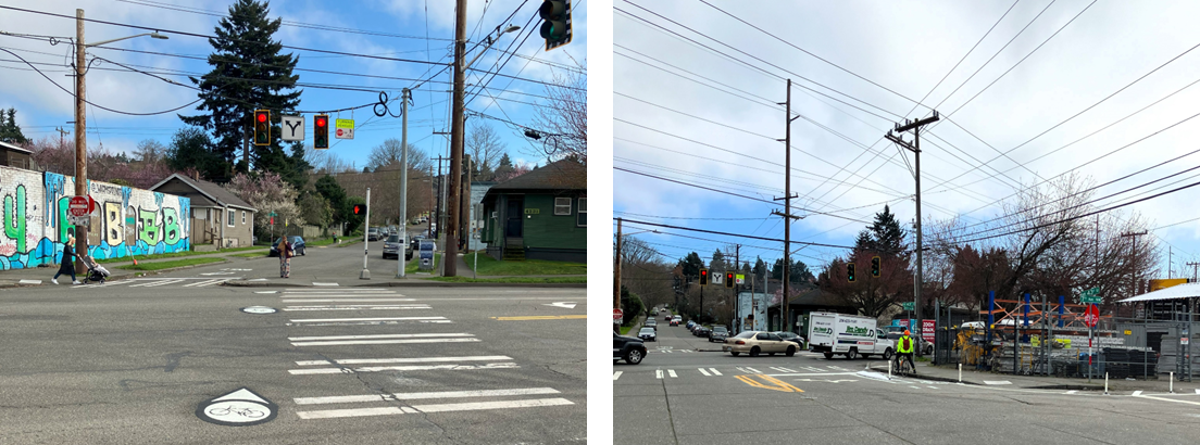 A woman pushing a stroller and a bicyclist using the crossing improvements.