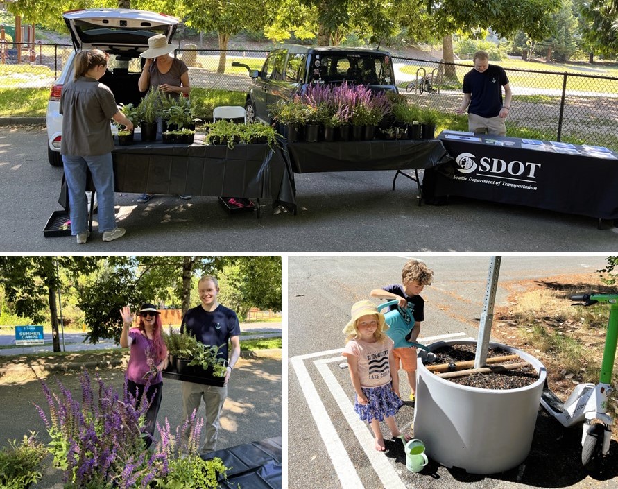 Photo collage of people picking up plants at a table and children planting and watering plants in a large planter base 