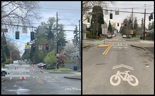 Collage of two photos showing before and after photos of an intersection before a concrete median and bike lane are installed. 