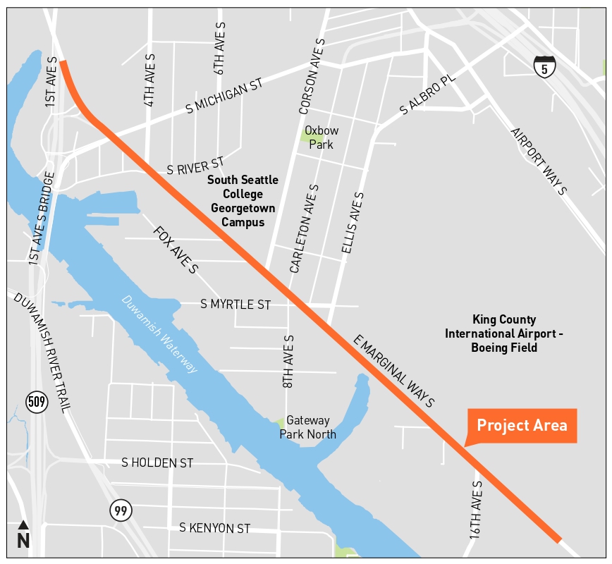 Project limits map showing E Marginal Way from 1st Ave S to Approximately 16th Ave S