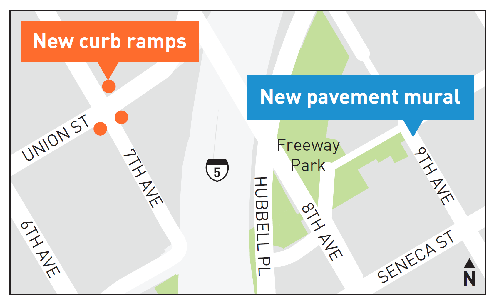 project map shows new curb ramps in orange and new pavement mural in blue