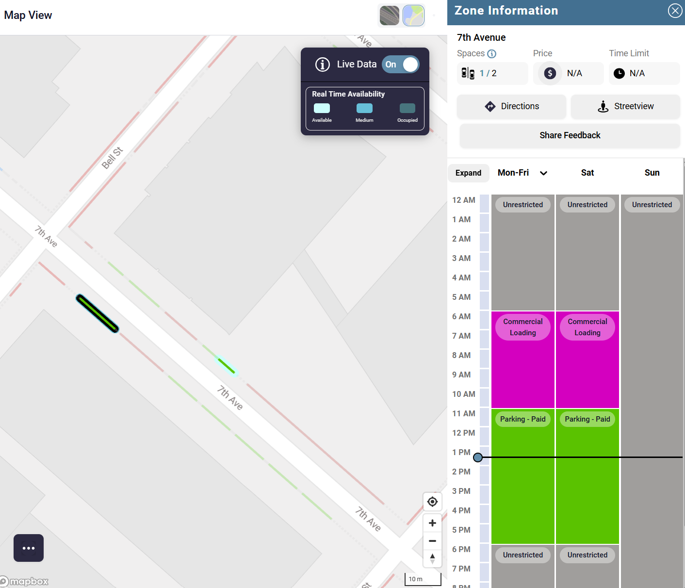 Screenshot of web map showing different types of curb space and the times these spaces are available for use.