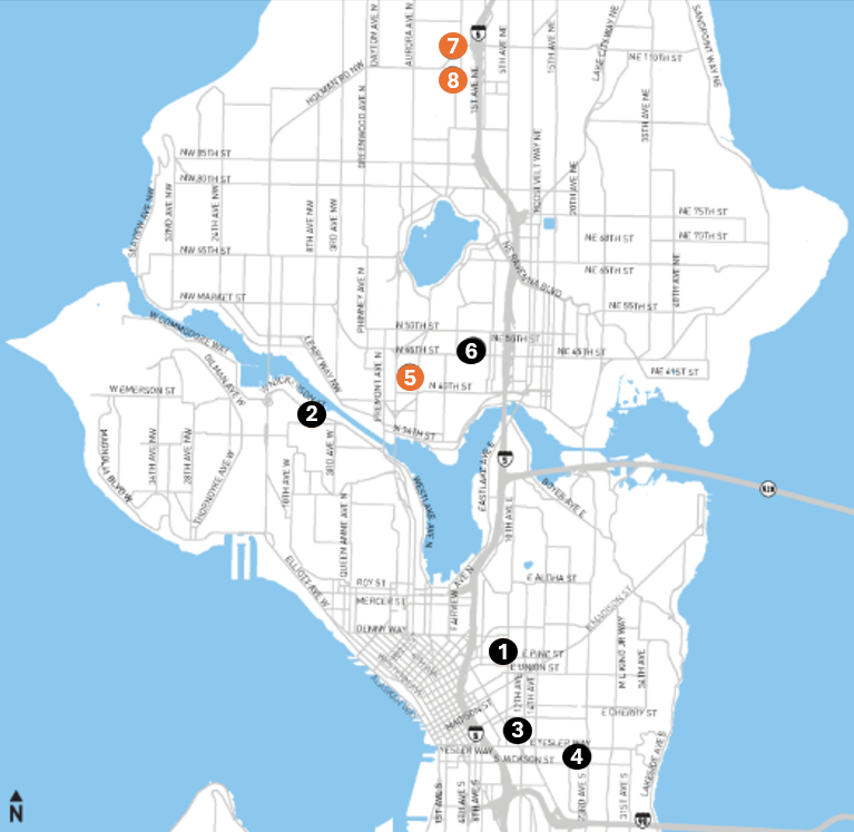 Map of the locations of the pedestrian refuge island locations, with orange and black numbered dots