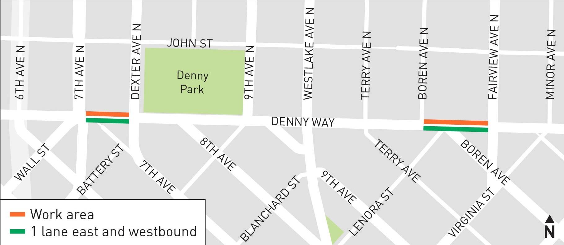Image is of a map showing the locations of work on Denny Way near 7th and near Boren