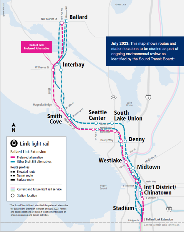 map of stations along the Ballard light rail extension