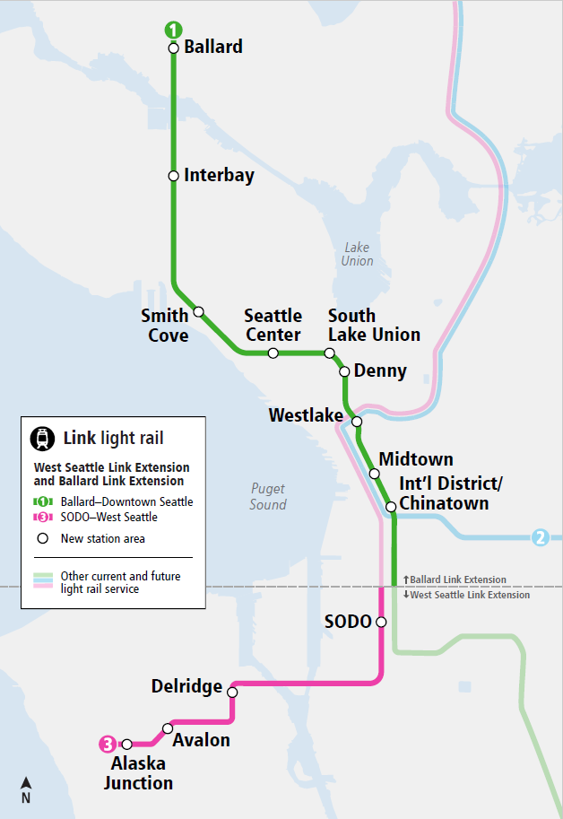 Light Rail map expansion running from Ballard, through Interbay, through Downtown Seattle, The International District, Stadium District and then over to West Seattle