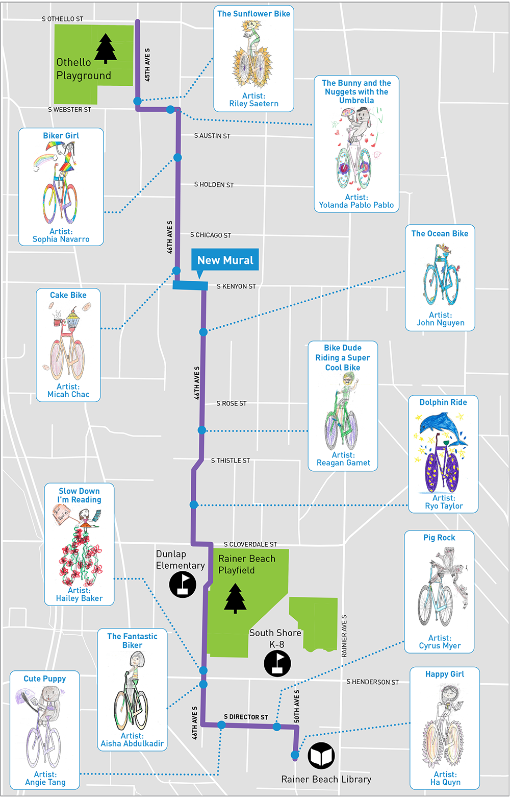 A map from Othello Playground to Rainier Beach Playfield along 46th Avenue, showing the locations of student art on the streets