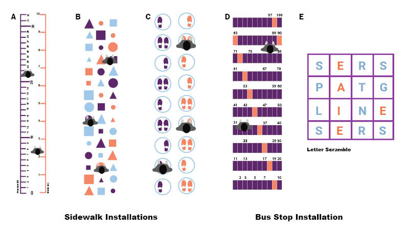 Sample designs with ruler, shape, footprint, math, and letter scrambles.