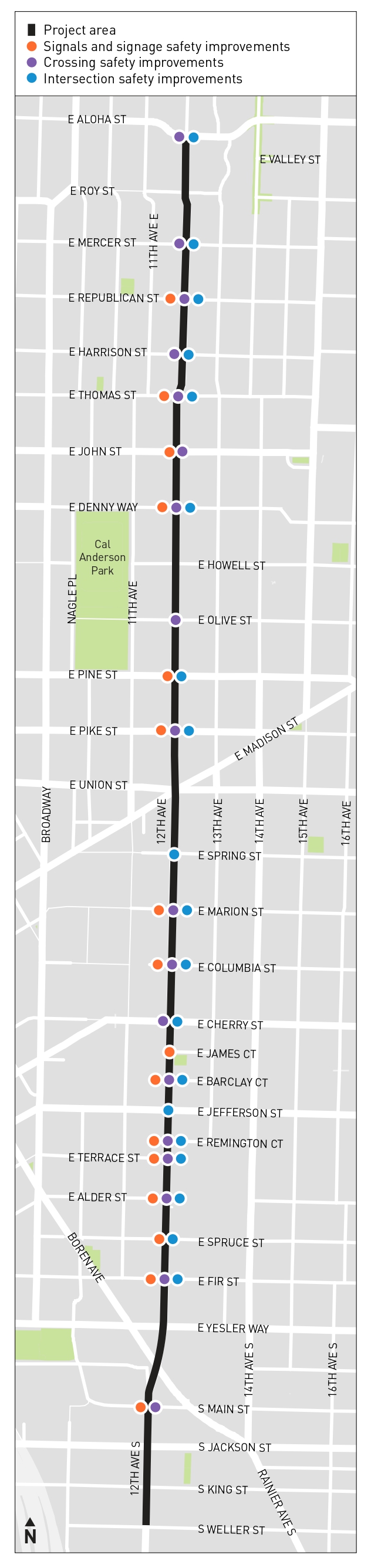 An image showing the project area and the safety improvements to implement along 12th Ave