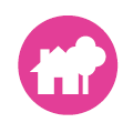 An icon of a house and tree against a pink background
