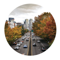 Aerial shot of cars on a four lane highway