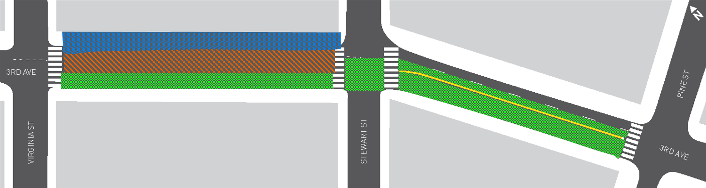 Map of 3rd Ave between Pine and Virginia Street, with green crosshatch lines showing completed paving, orange hatch lines for areas to be paved in the street, and blue stipple sections showing where the sidewalk will be repaved.