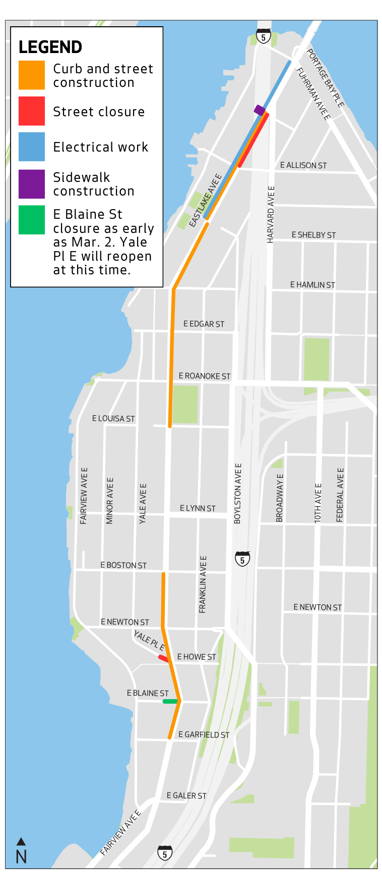 Map of construction work along Eastlake Ave E